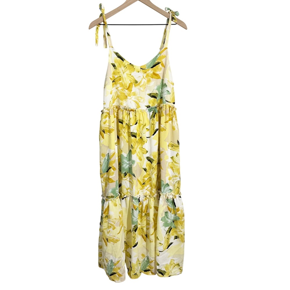 Hayden Los Angeles Floral Tiered Strap Tie Midi Dress‎ Yellow Medium Cottagecore